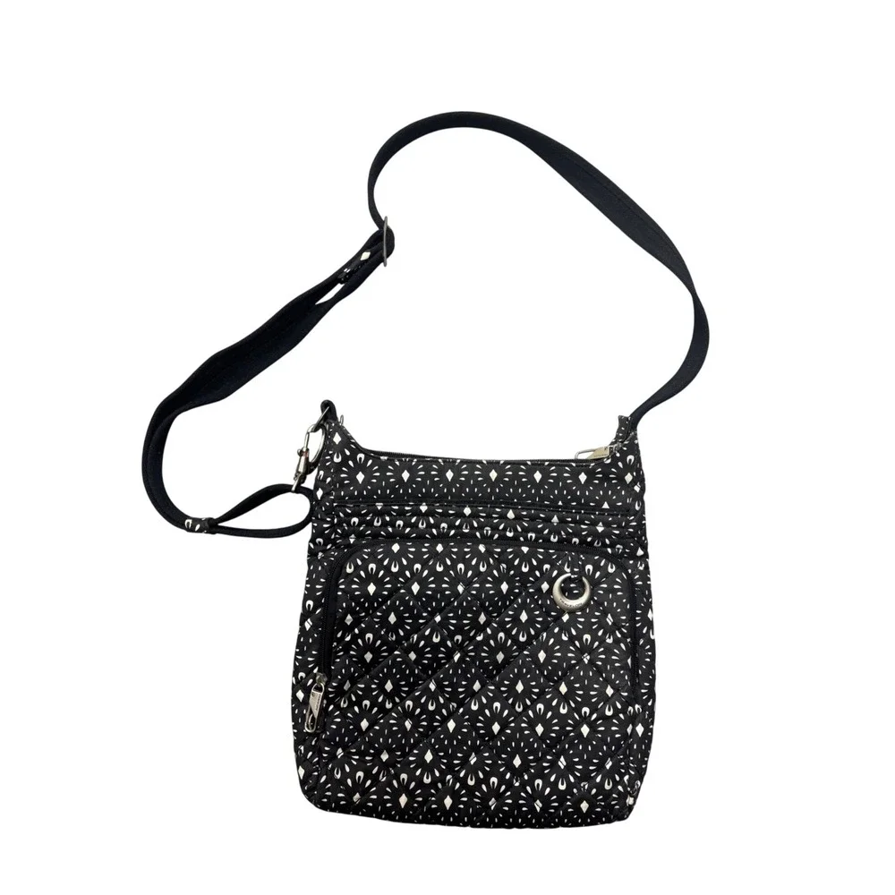 Travelon Crossbody Bag Small Anti-Theft Quilted Black White Geometric Pattern